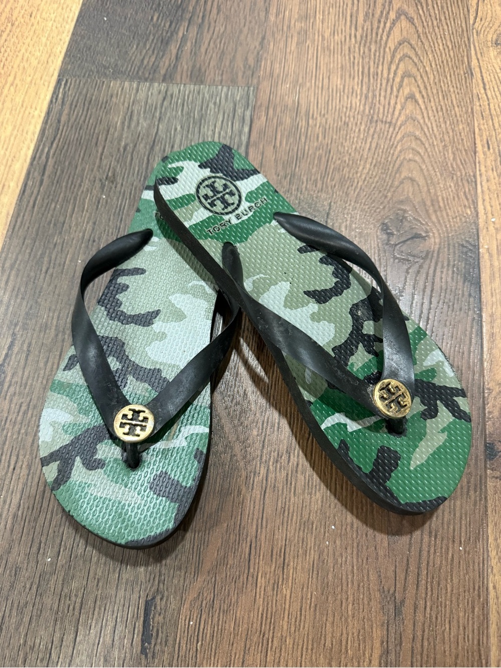 Tory Burch Green Camo Logo Flip Flops with Black Straps